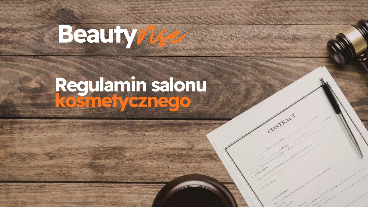 Regulamin salonu kosmetycznego - dokument i młotek sędziowski na drewnianym blacie, grafika BeautyRise