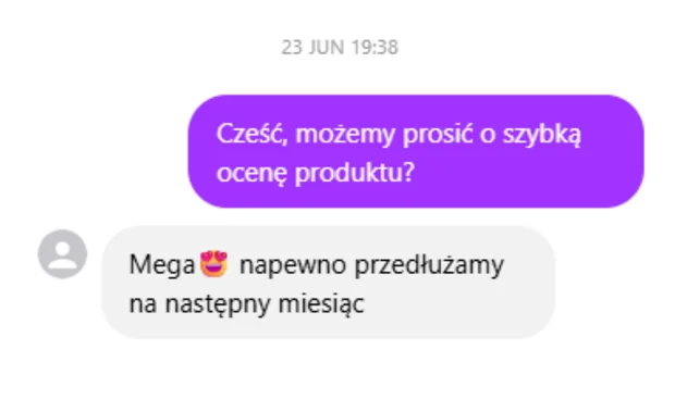 Wiadomość od klientki z pytaniem o kolejny miesiąc obserwacji