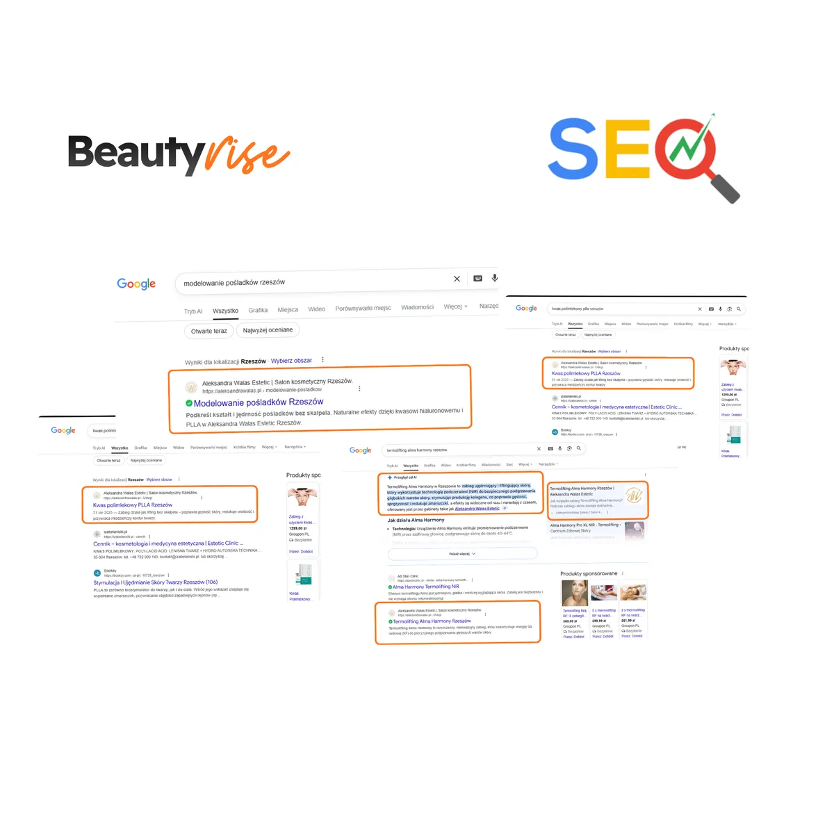 Wyniki SEO dla salonu beauty - pozycje na frazy lokalne w Google