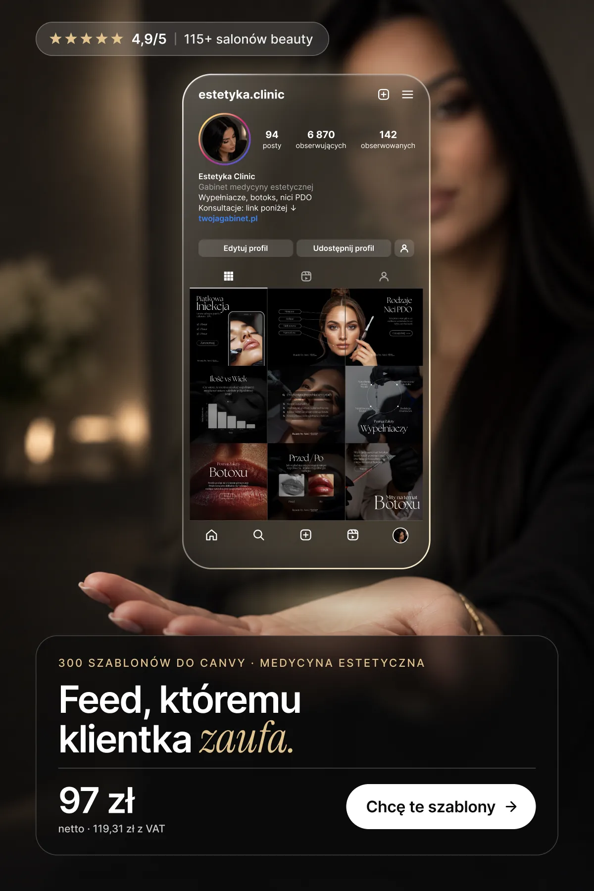 Szklany ekran z profilem Instagram gabinetu medycyny estetycznej i gotowym feedem z szablonów Canva
