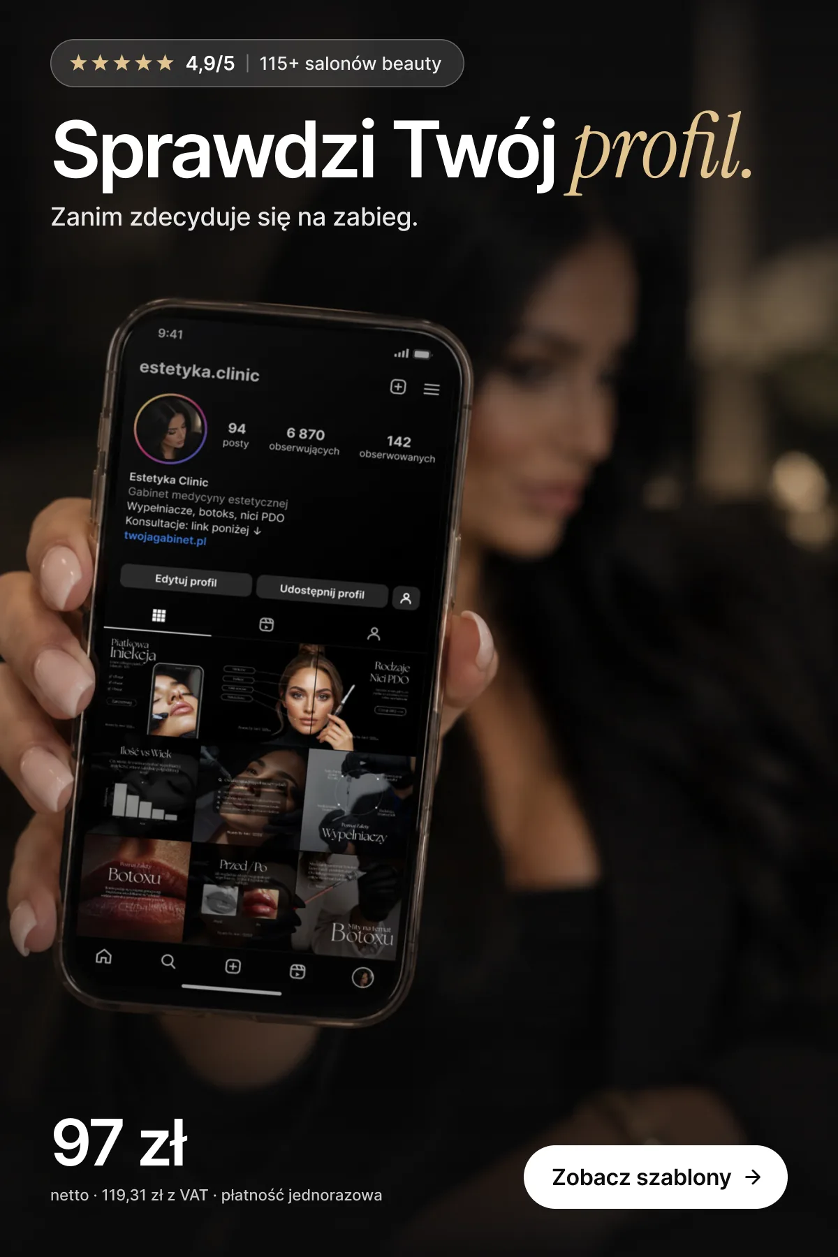 Kobieta trzyma telefon z profilem Instagram gabinetu medycyny estetycznej, zbudowanym na szablonach Canva