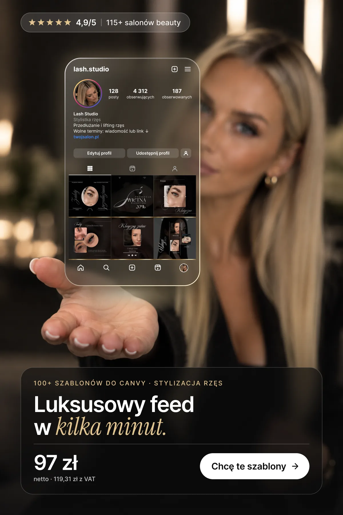 Szklany ekran z profilem Instagram stylistki rzęs i gotowym feedem z szablonów Canva