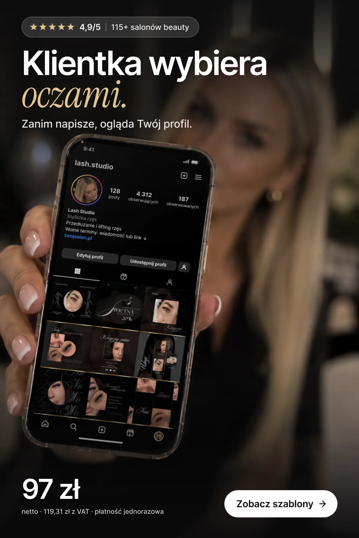 Kobieta trzyma telefon z profilem Instagram stylistki rzęs, zbudowanym na szablonach Canva